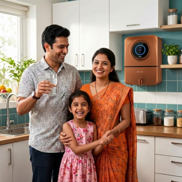 Happy family enjoying pure water from HomeTech water purifier