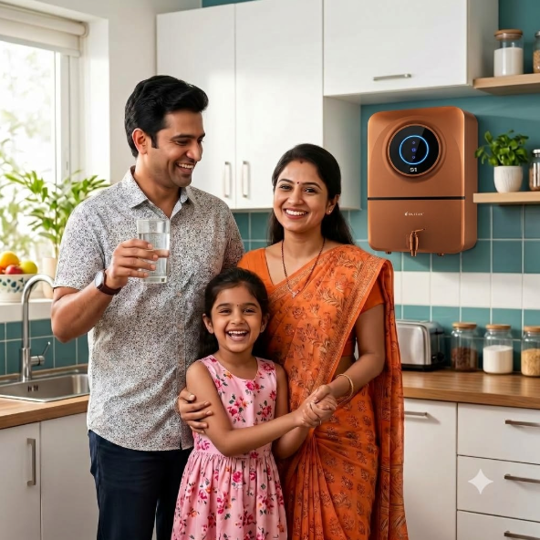 Happy family enjoying pure water from HomeTech water purifier